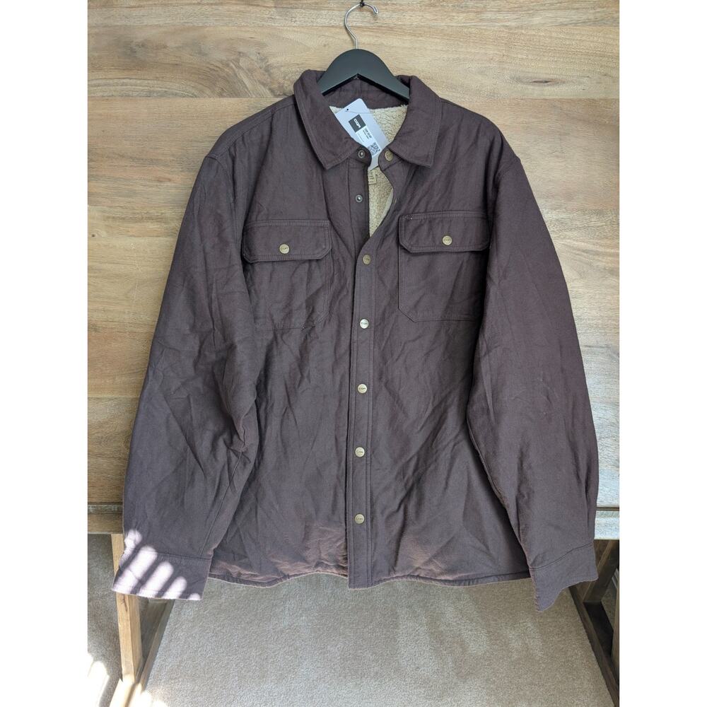 CQR Flannel Shirt Jacket Mens XL Brown Solid Sherpa Lined Long Snap Button NWT